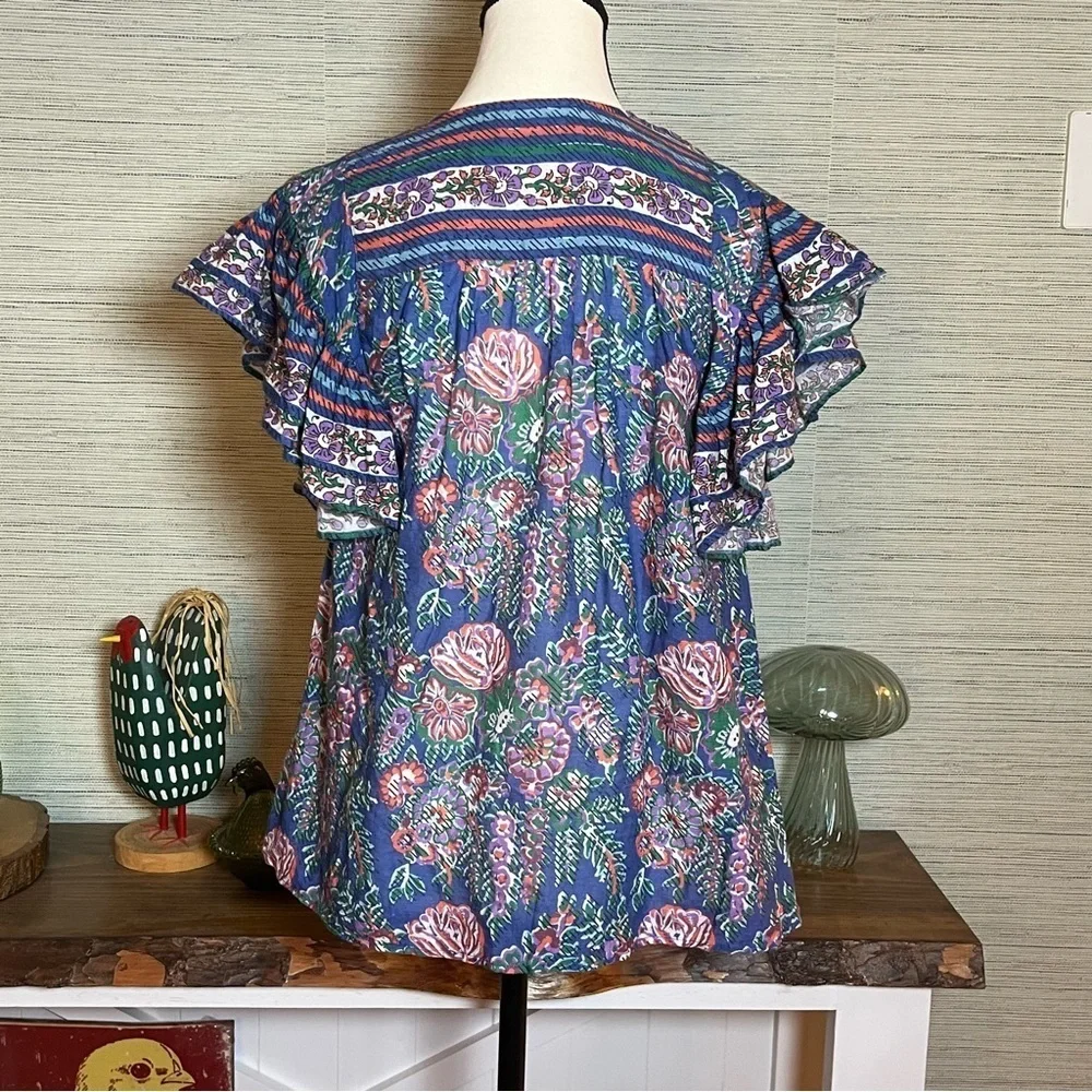 Love The Label Floral Peasant Ruffle Sleeve V-neck Blouse Womens Size Medium - Picture 6 of 10